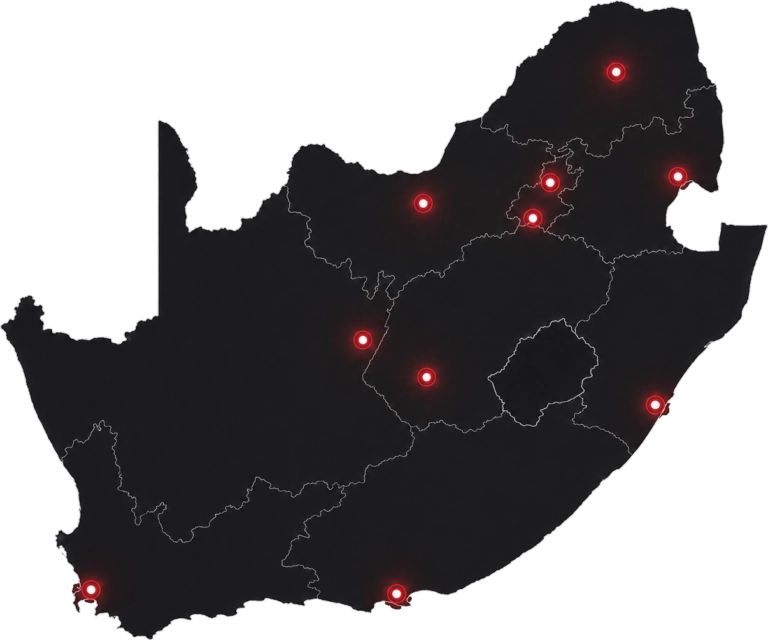 South Africa map highlighting regions covered by Chris Viljoen for independent engine failure assessments and mechanical investigations.